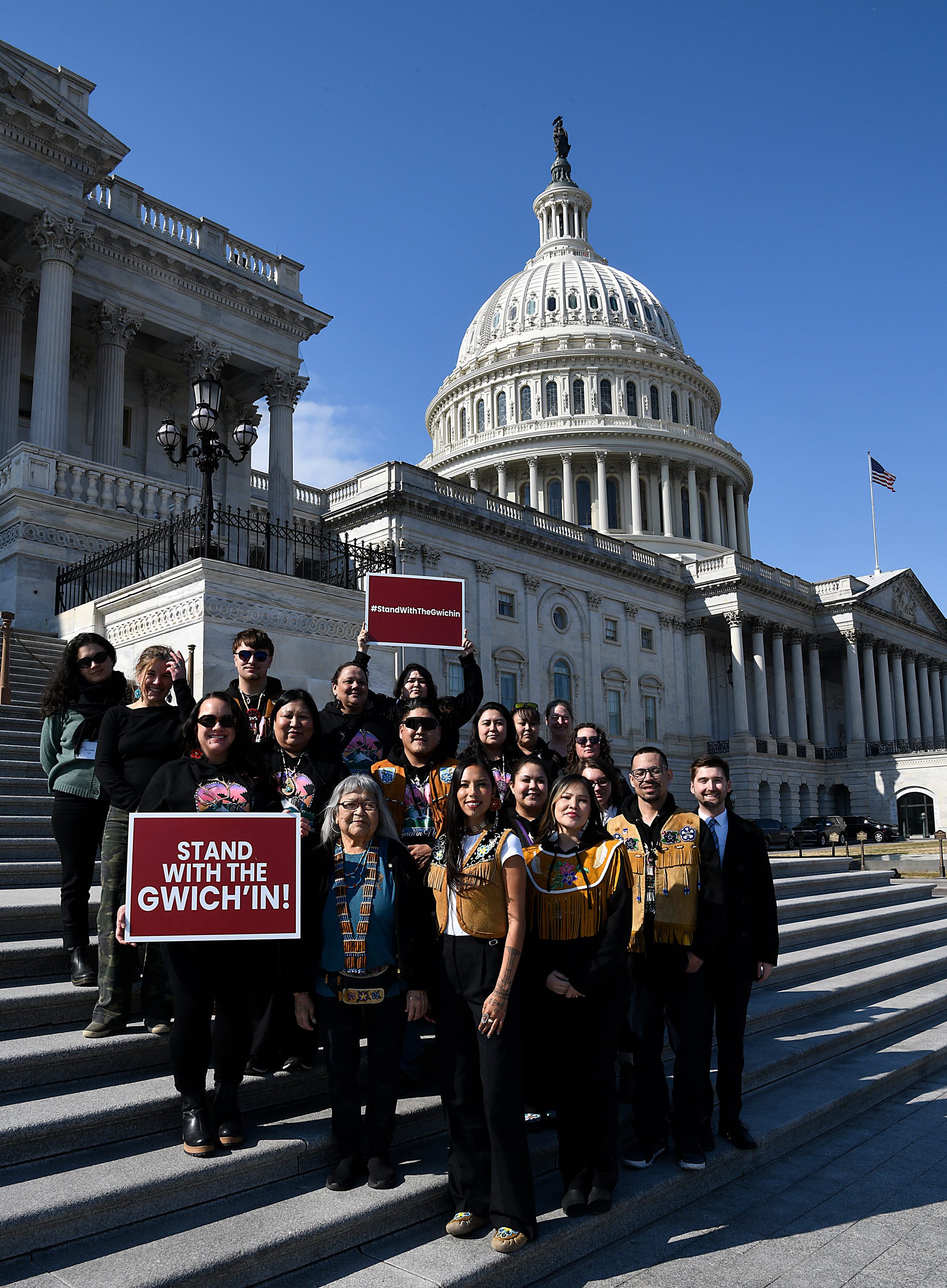 Members of the Gwich'in and Alaska Wilderness League Staff standing together in front of the US Capitol in DC