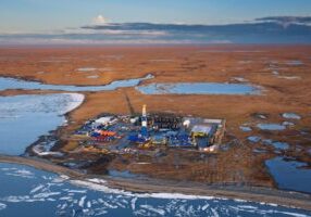 One of the oil drill pads at the edge of the Arctic Refuge just west of the Canning River delta. Oil companies have pushed for opening the Arctic Refuge to the east of the Canning River for oil development. Canning River Delta, Alaskan Arctic