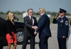 North Dakota Gov. Doug Burgum, greets U.S. President Donald J. Trump arrives at the North Dakota Air National Guard Base, Fargo, N.D., Sept. 7, 2018. (U.S. Air National Guard photo by Senior Master Sgt. David H Lipp)